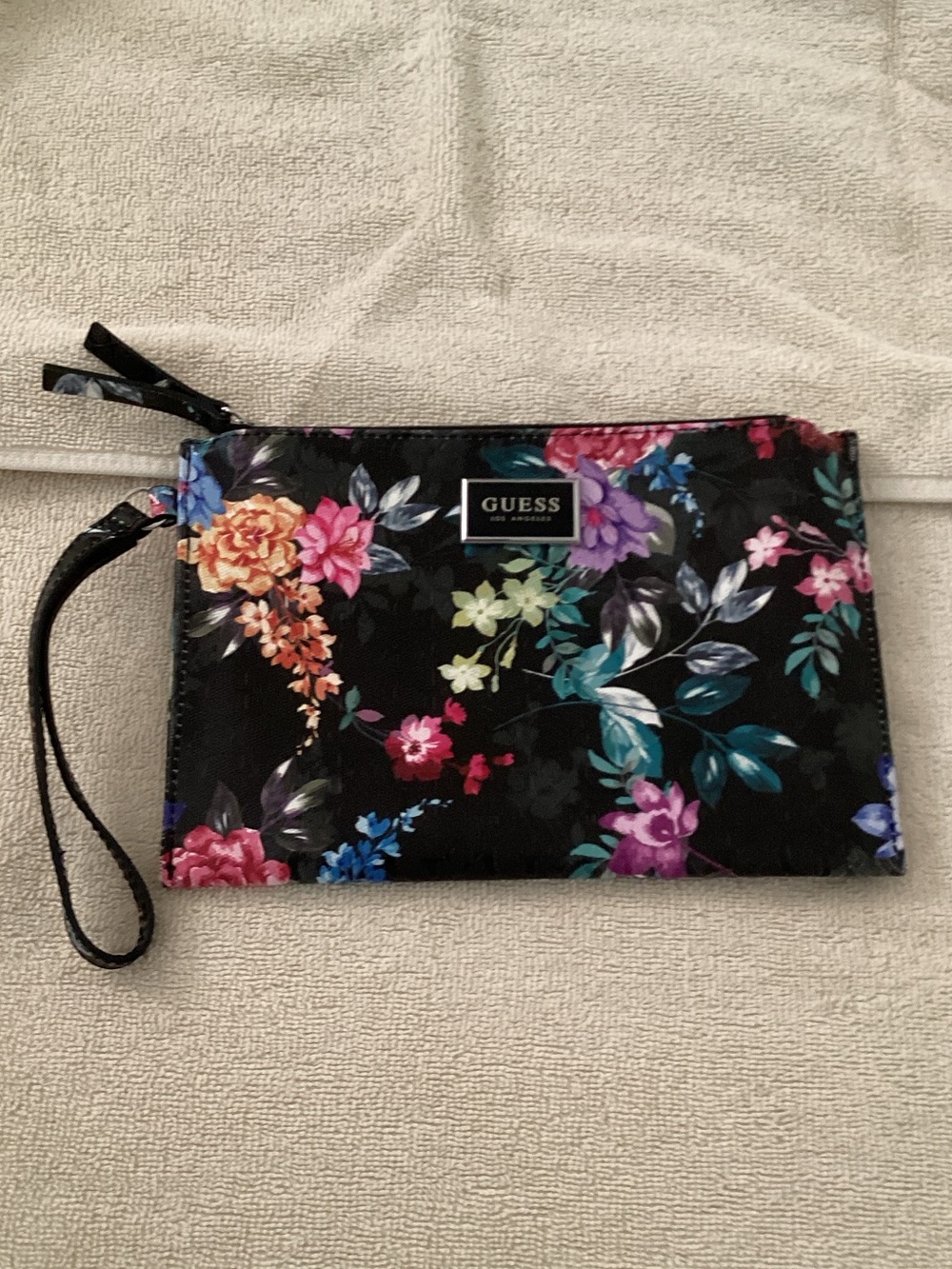 GUESS Black Floral Wristlet Clutch with Multicolor Blooms